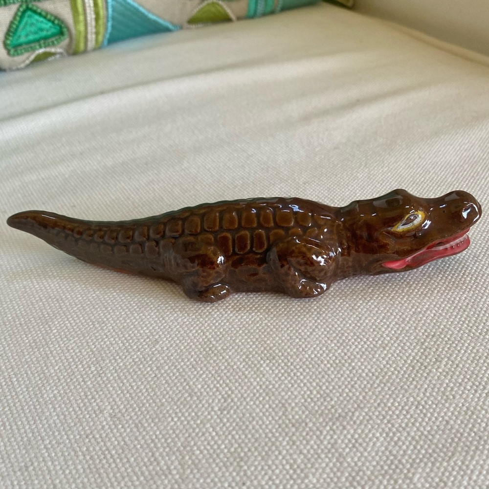 Vintage Redware Pottery 6” Brown Alligator Crocodile Figurine Red Ware Japan